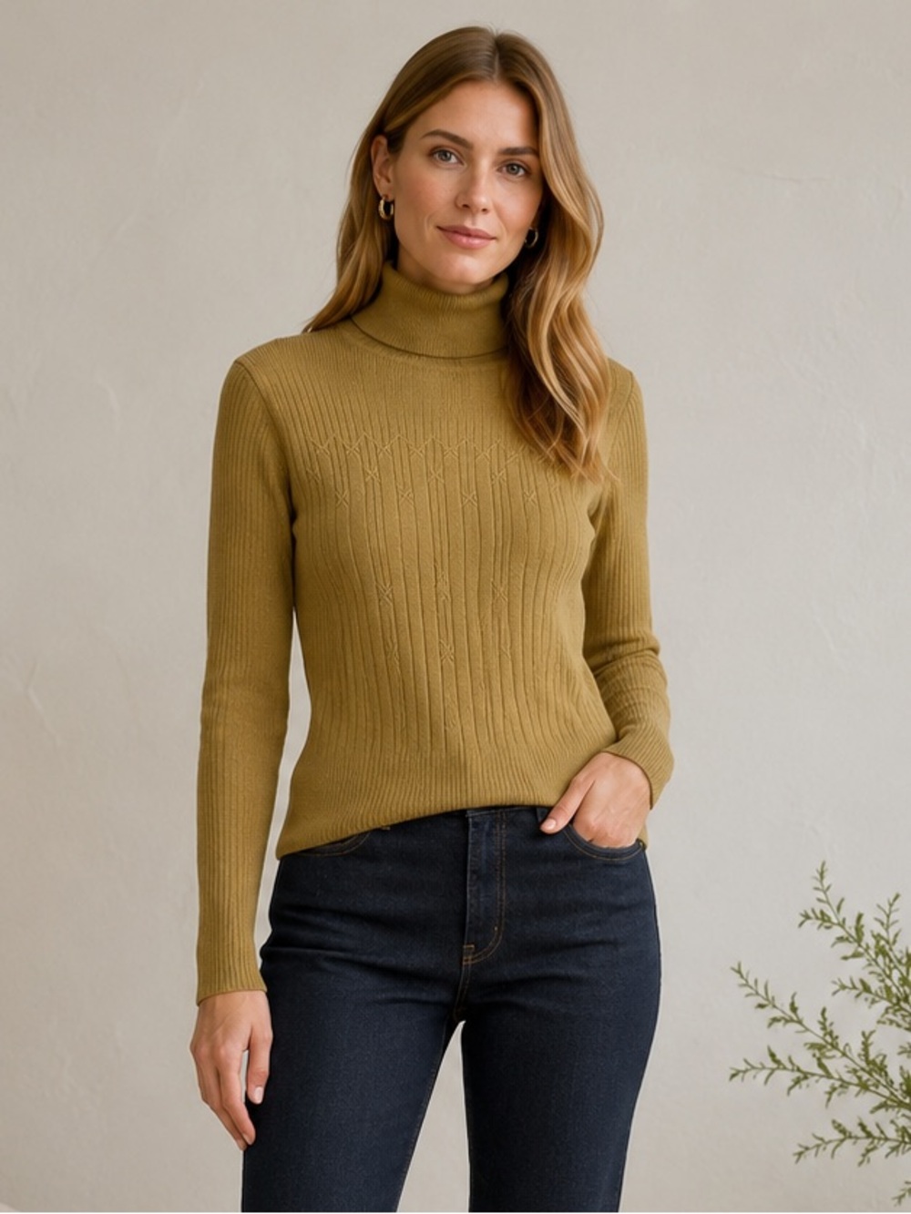 Talbots Collection 100% Merino Wool Turtleneck Sweater Olive Gold Medium